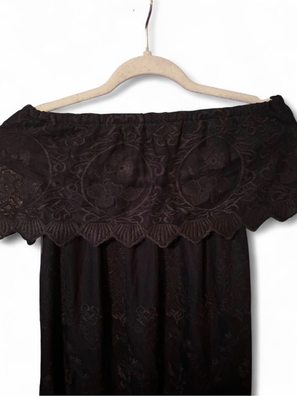 Off the shoulder black lace dress with back cut-out in size S